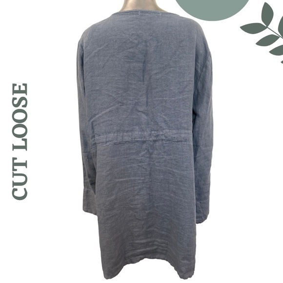 Cut Loose Blue Button-Front Linen Jacket Front Pockets Drawstring Back Large - Picture 9 of 9